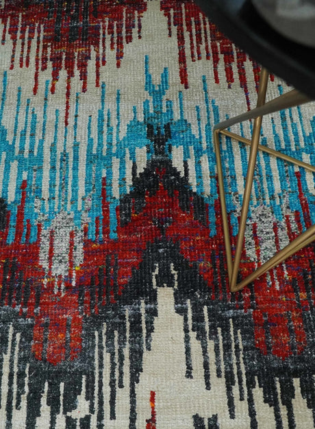5x8 Hand Knotted Ivory, Blue and Maroon Modern Abstract Recycled Silk Area Rug