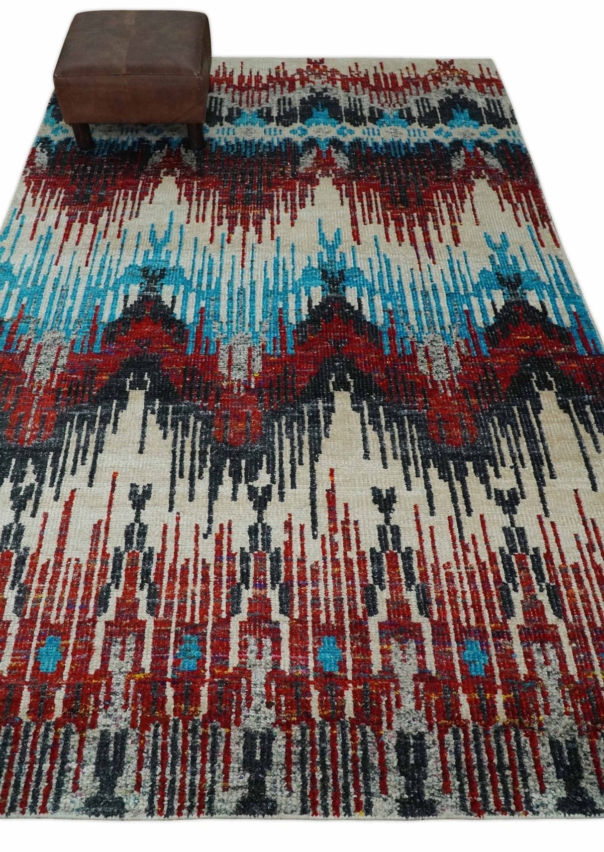 5x8 Hand Knotted Ivory, Blue and Maroon Modern Abstract Recycled Silk Area Rug