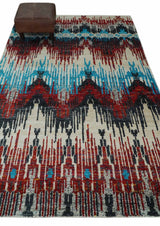 5x8 Hand Knotted Ivory, Blue and Maroon Modern Abstract Recycled Silk Area Rug