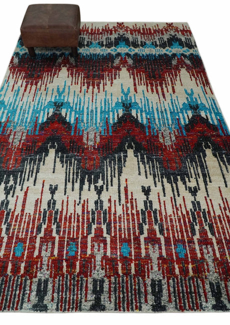 5x8 Hand Knotted Ivory, Blue and Maroon Modern Abstract Recycled Silk Area Rug