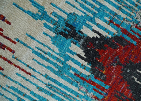 5x8 Hand Knotted Ivory, Blue and Maroon Modern Abstract Recycled Silk Area Rug