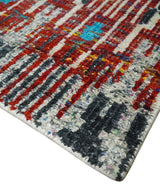 5x8 Hand Knotted Ivory, Blue and Maroon Modern Abstract Recycled Silk Area Rug