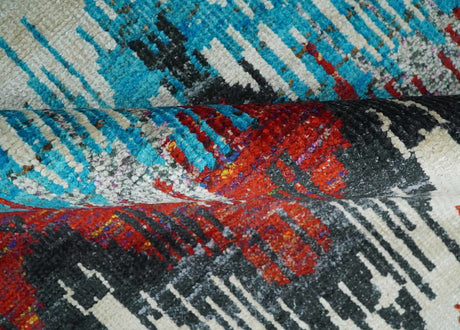 5x8 Hand Knotted Ivory, Blue and Maroon Modern Abstract Recycled Silk Area Rug