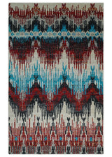 5x8 Hand Knotted Ivory, Blue and Maroon Modern Abstract Recycled Silk Area Rug