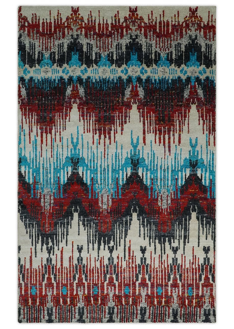 5x8 Hand Knotted Ivory, Blue and Maroon Modern Abstract Recycled Silk Area Rug