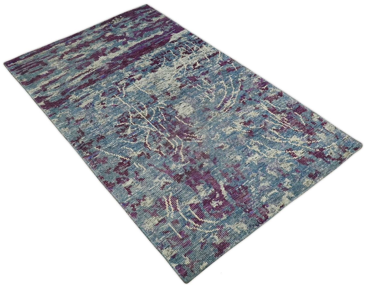 5x8 Hand Knotted Ivory, Blue and Purple Modern Abstract Recycled Silk Area Rug
