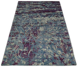 5x8 Hand Knotted Ivory, Blue and Purple Modern Abstract Recycled Silk Area Rug