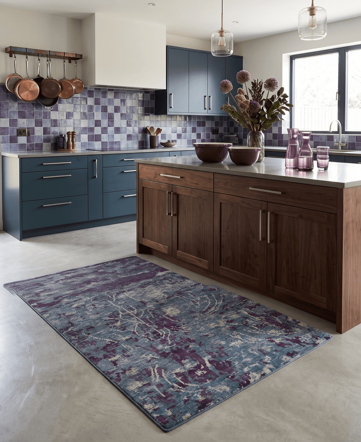 5x8 Hand Knotted Ivory, Blue and Purple Modern Abstract Recycled Silk Area Rug