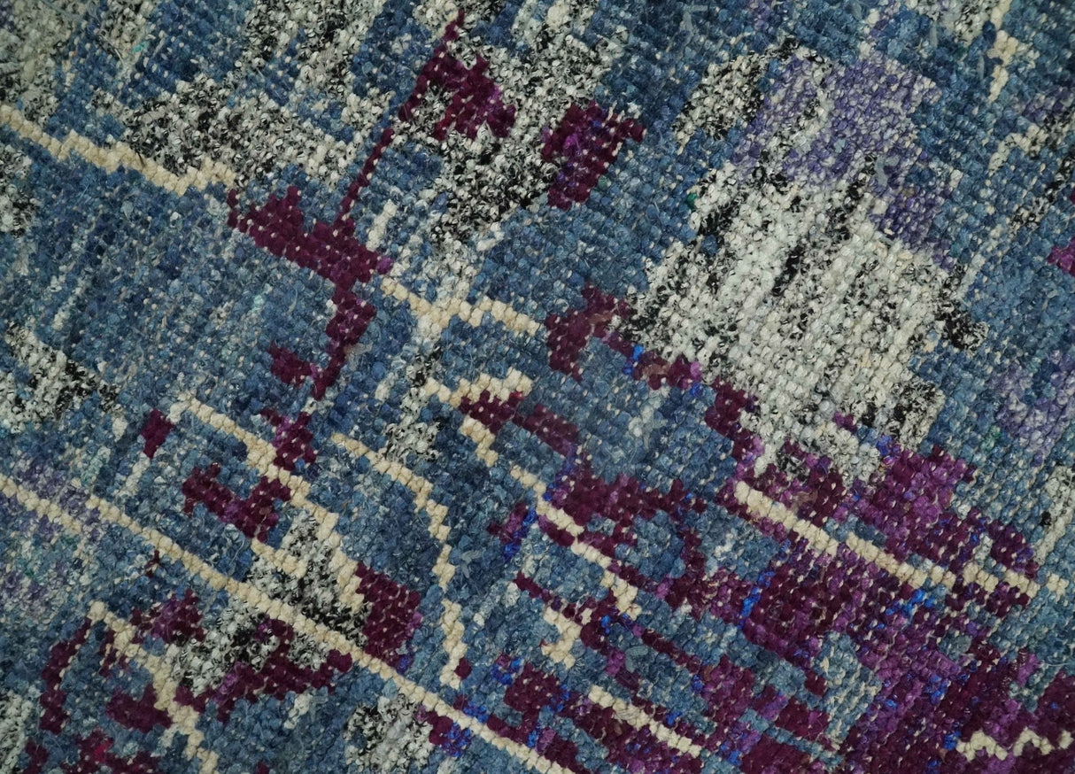 5x8 Hand Knotted Ivory, Blue and Purple Modern Abstract Recycled Silk Area Rug