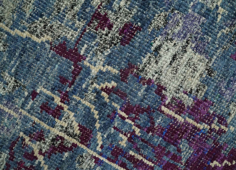 5x8 Hand Knotted Ivory, Blue and Purple Modern Abstract Recycled Silk Area Rug