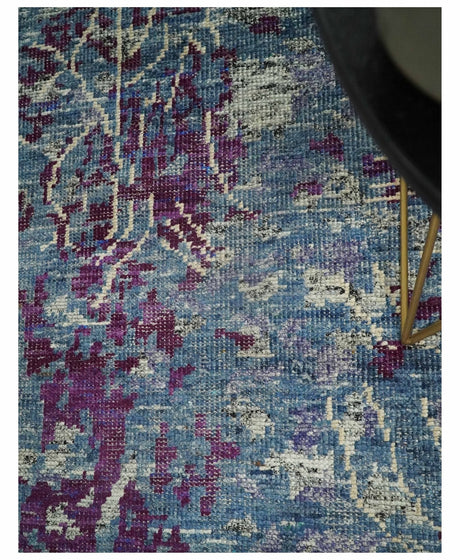 5x8 Hand Knotted Ivory, Blue and Purple Modern Abstract Recycled Silk Area Rug