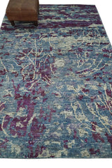 5x8 Hand Knotted Ivory, Blue and Purple Modern Abstract Recycled Silk Area Rug