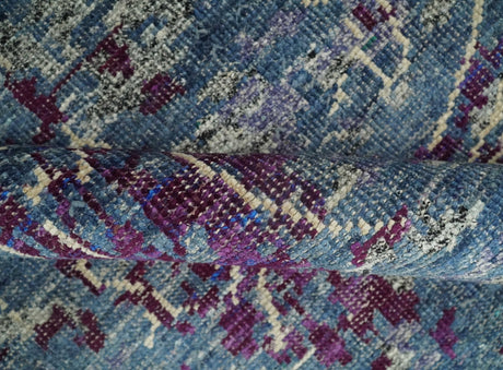 5x8 Hand Knotted Ivory, Blue and Purple Modern Abstract Recycled Silk Area Rug