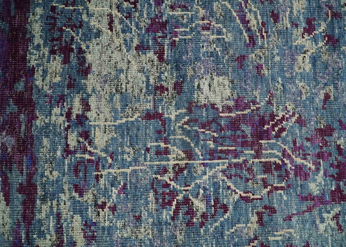 5x8 Hand Knotted Ivory, Blue and Purple Modern Abstract Recycled Silk Area Rug