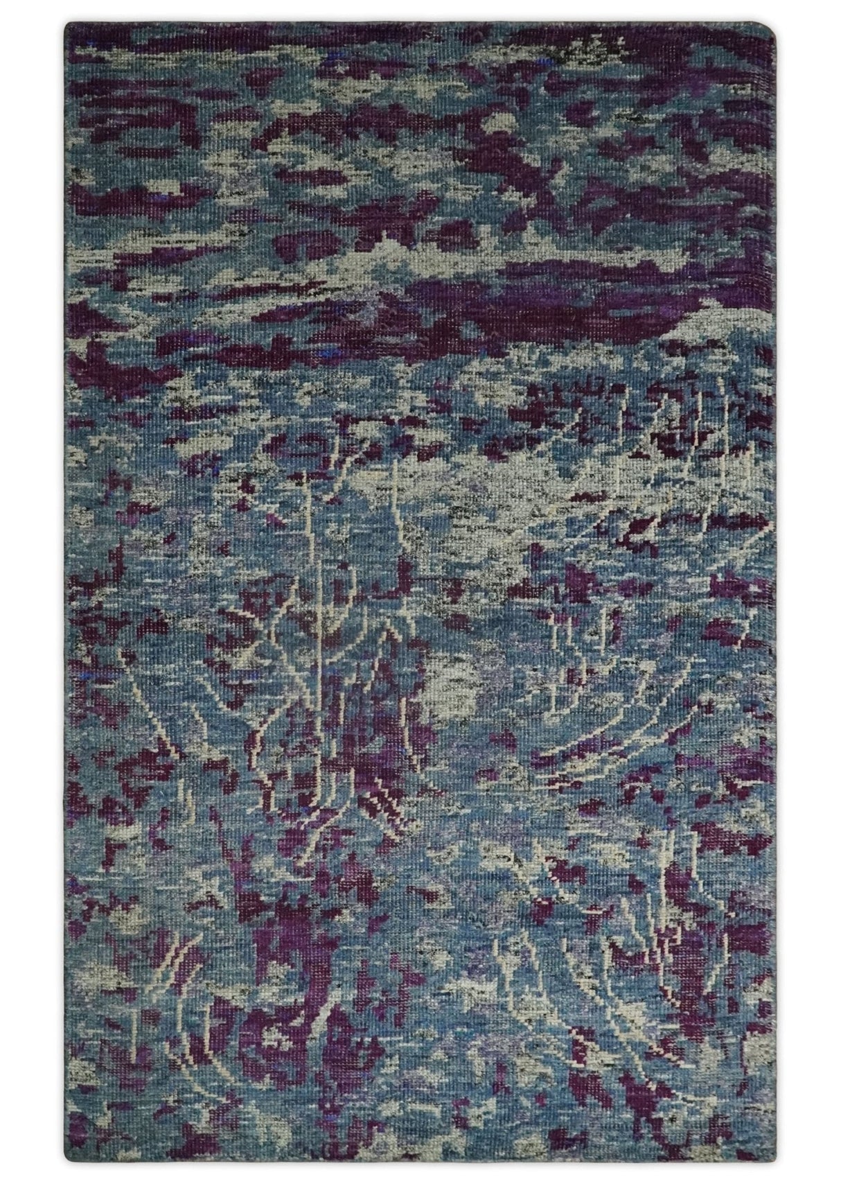5x8 Hand Knotted Ivory, Blue and Purple Modern Abstract Recycled Silk Area Rug