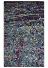 5x8 Hand Knotted Ivory, Blue and Purple Modern Abstract Recycled Silk Area Rug