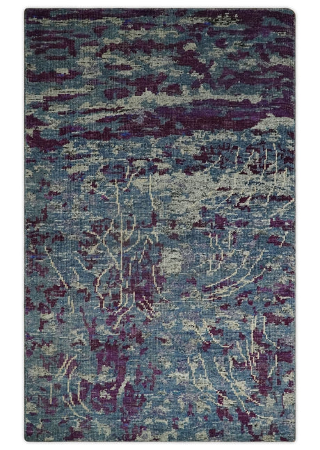 5x8 Hand Knotted Ivory, Blue and Purple Modern Abstract Recycled Silk Area Rug