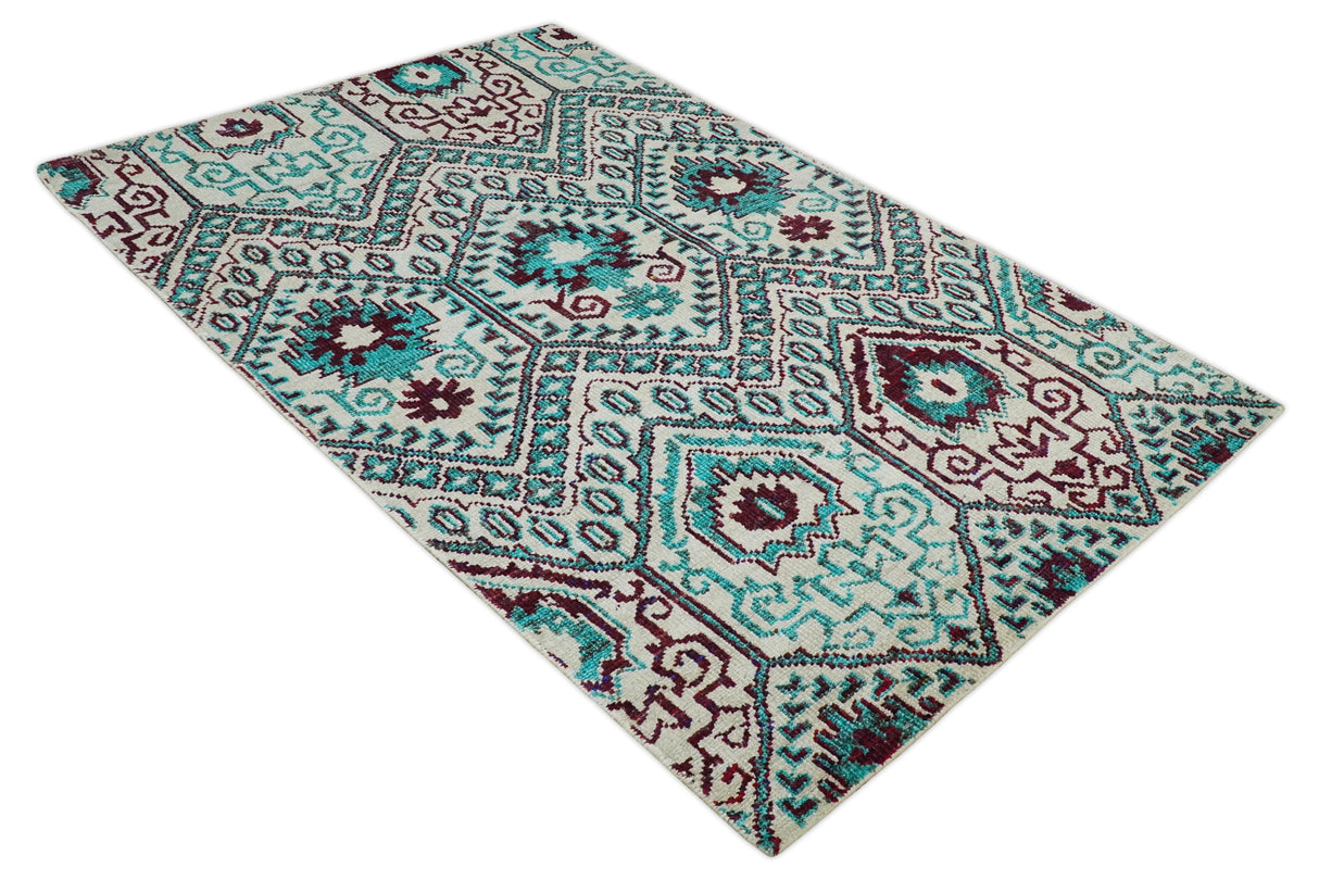 5x8 Hand Knotted Ivory, Blue and Red Antique Contemporary Bamboo Silk Area Rug