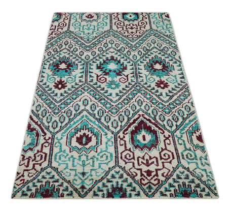 5x8 Hand Knotted Ivory, Blue and Red Antique Contemporary Bamboo Silk Area Rug