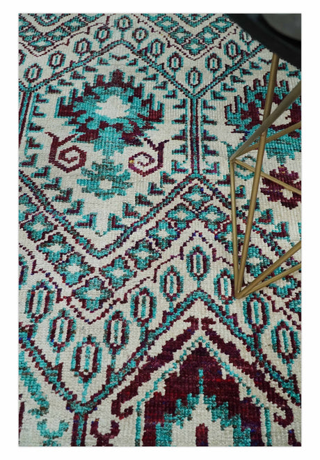 5x8 Hand Knotted Ivory, Blue and Red Antique Contemporary Bamboo Silk Area Rug