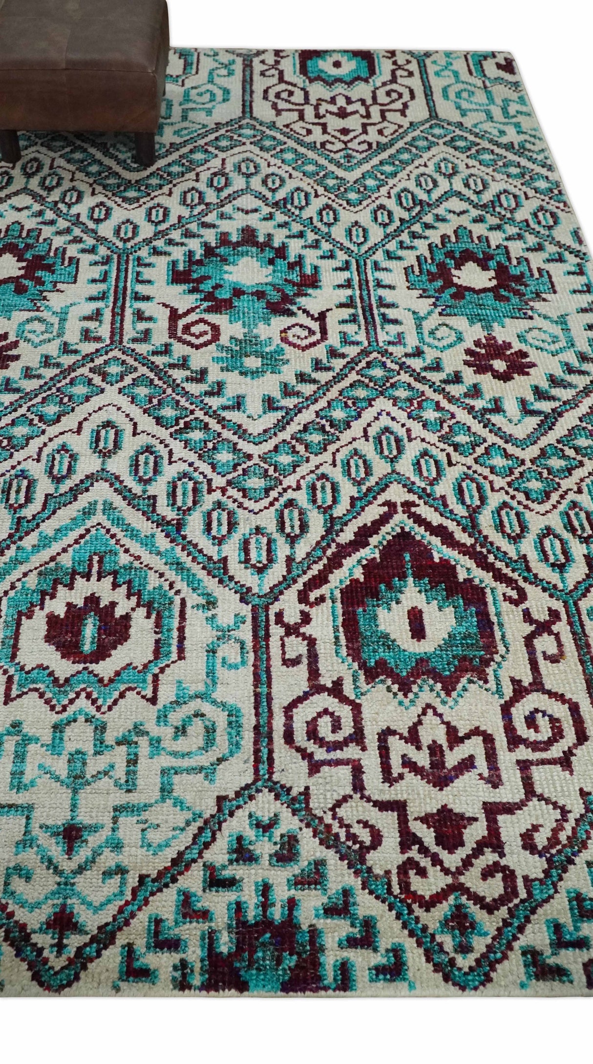 5x8 Hand Knotted Ivory, Blue and Red Antique Contemporary Bamboo Silk Area Rug