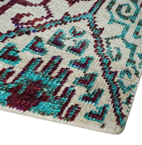 5x8 Hand Knotted Ivory, Blue and Red Antique Contemporary Bamboo Silk Area Rug