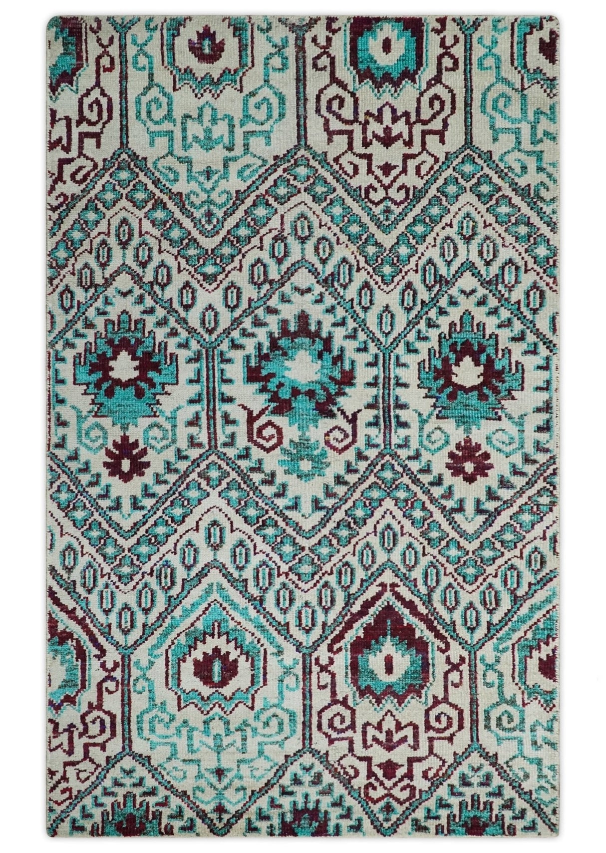 5x8 Hand Knotted Ivory, Blue and Red Antique Contemporary Bamboo Silk Area Rug