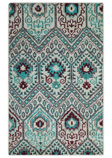 5x8 Hand Knotted Ivory, Blue and Red Antique Contemporary Bamboo Silk Area Rug