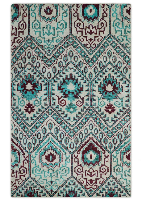 5x8 Hand Knotted Ivory, Blue and Red Antique Contemporary Bamboo Silk Area Rug