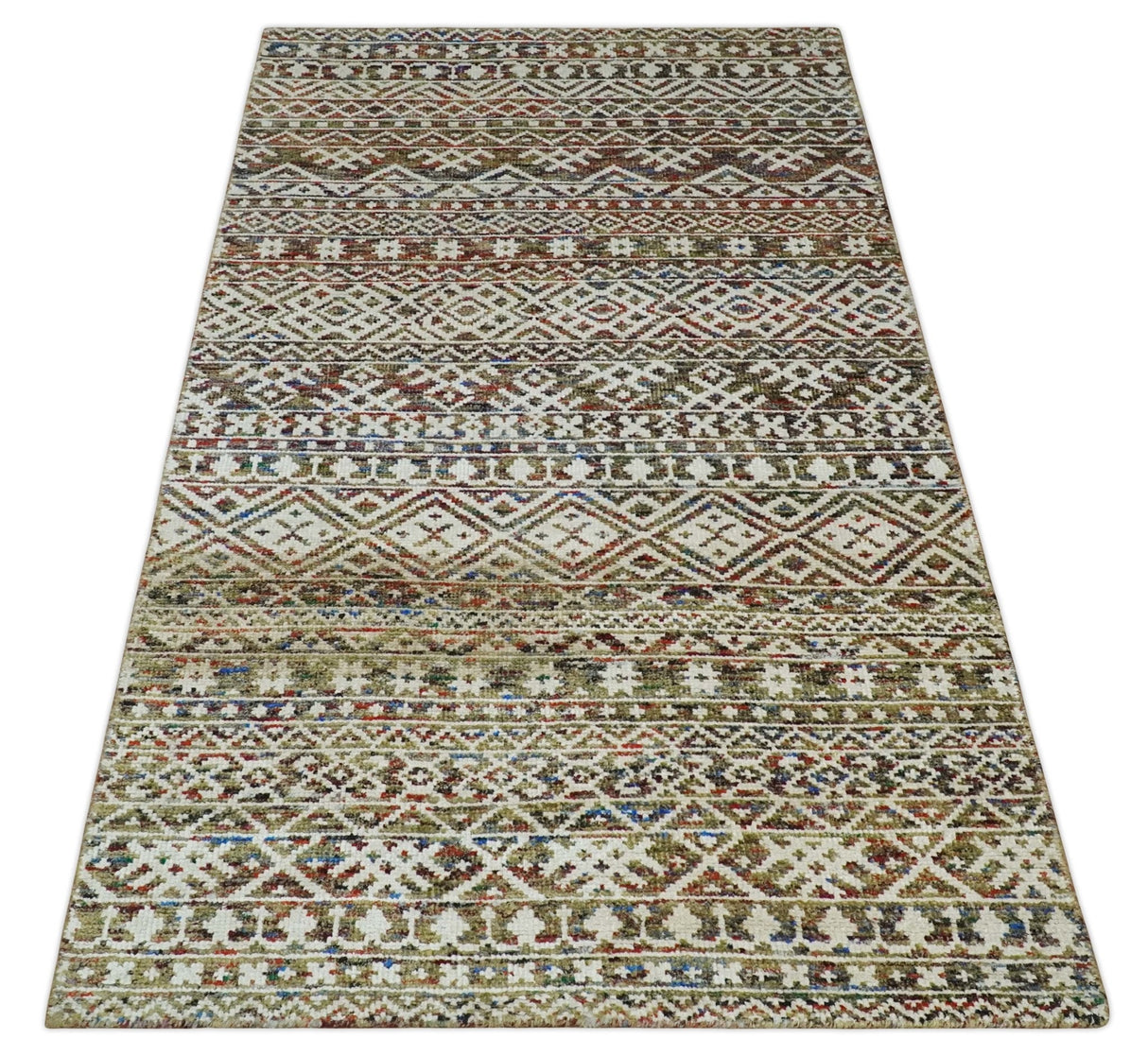 5x8 Hand Knotted Ivory, Olive and Rust Modern Contemporary Recycled Silk Area Rug