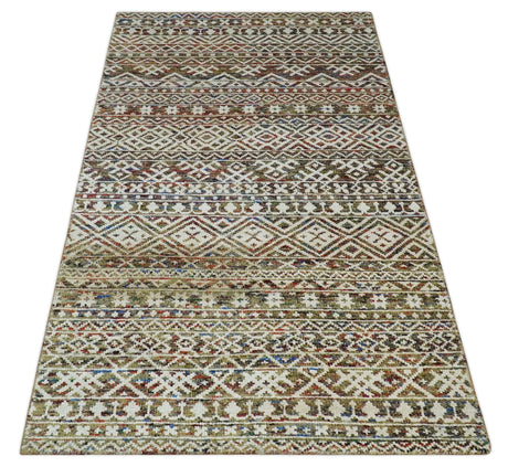 5x8 Hand Knotted Ivory, Olive and Rust Modern Contemporary Recycled Silk Area Rug