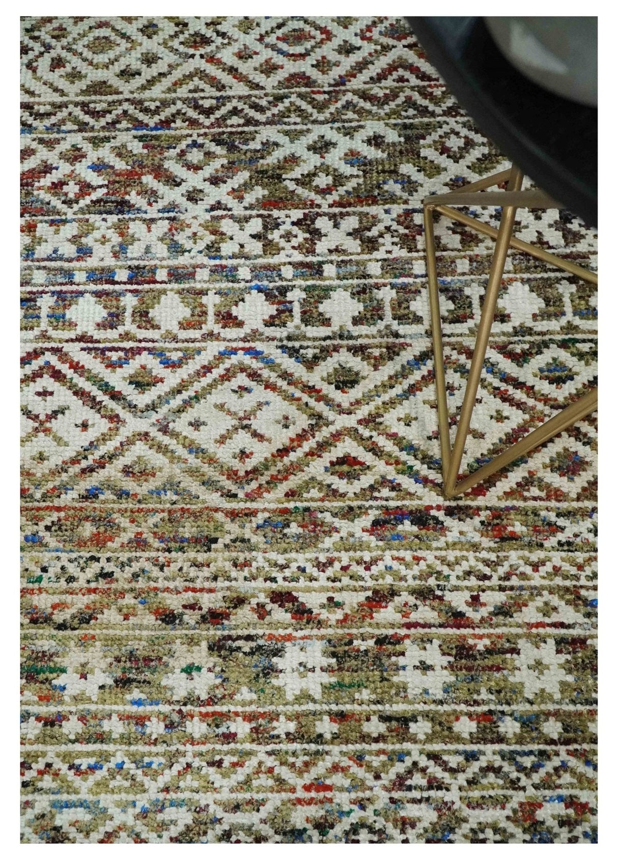 5x8 Hand Knotted Ivory, Olive and Rust Modern Contemporary Recycled Silk Area Rug