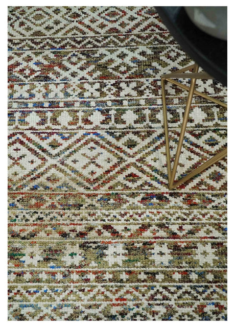 5x8 Hand Knotted Ivory, Olive and Rust Modern Contemporary Recycled Silk Area Rug