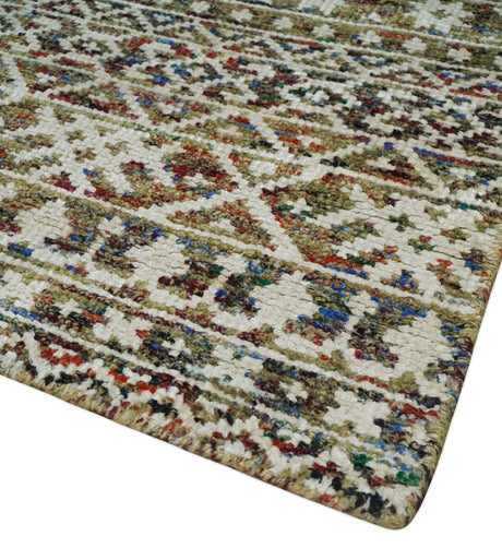 5x8 Hand Knotted Ivory, Olive and Rust Modern Contemporary Recycled Silk Area Rug