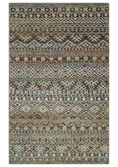 5x8 Hand Knotted Ivory, Olive and Rust Modern Contemporary Recycled Silk Area Rug