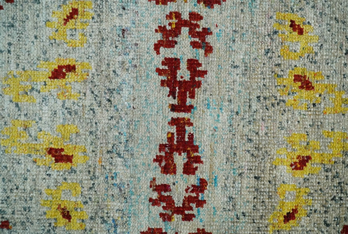 5x8 Hand Knotted Ivory, Red and Yellow Recycled Silk Area Rug