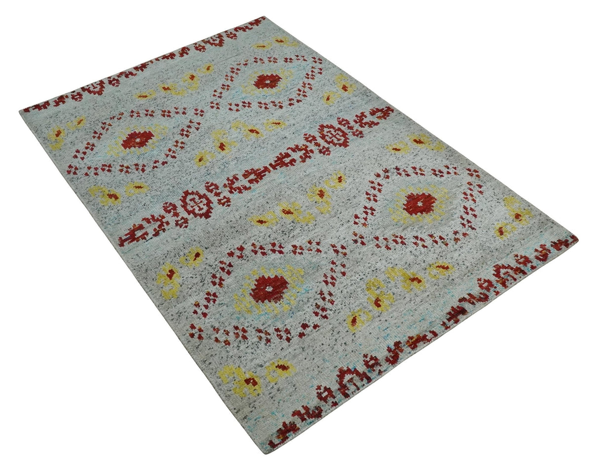 5x8 Hand Knotted Ivory, Red and Yellow Recycled Silk Area Rug