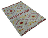 5x8 Hand Knotted Ivory, Red and Yellow Recycled Silk Area Rug