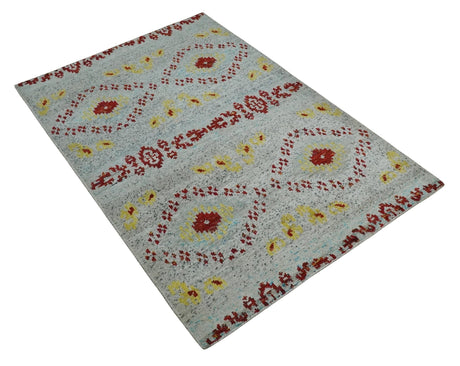 5x8 Hand Knotted Ivory, Red and Yellow Recycled Silk Area Rug