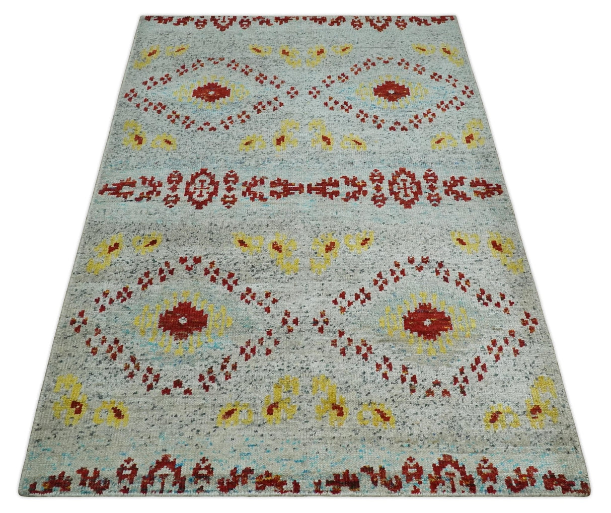 5x8 Hand Knotted Ivory, Red and Yellow Recycled Silk Area Rug