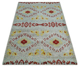5x8 Hand Knotted Ivory, Red and Yellow Recycled Silk Area Rug