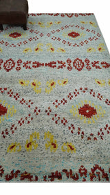 5x8 Hand Knotted Ivory, Red and Yellow Recycled Silk Area Rug