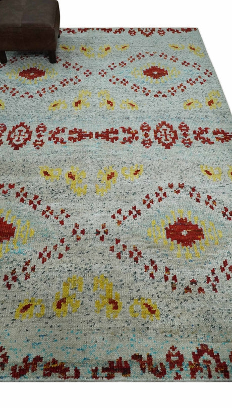 5x8 Hand Knotted Ivory, Red and Yellow Recycled Silk Area Rug