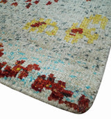 5x8 Hand Knotted Ivory, Red and Yellow Recycled Silk Area Rug