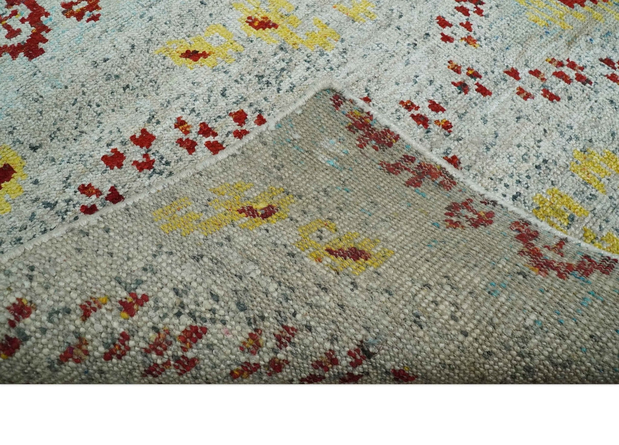 5x8 Hand Knotted Ivory, Red and Yellow Recycled Silk Area Rug