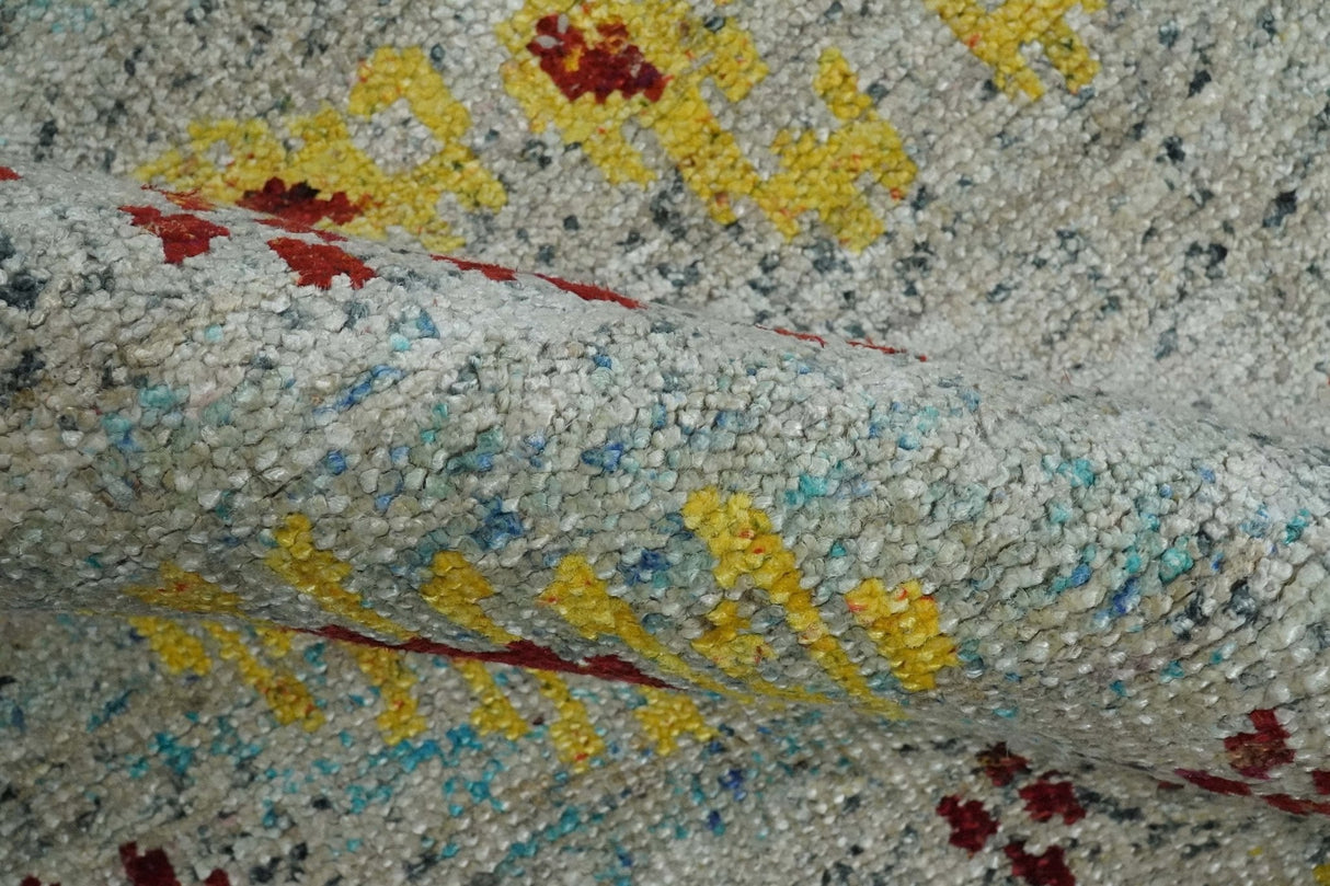5x8 Hand Knotted Ivory, Red and Yellow Recycled Silk Area Rug
