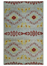 5x8 Hand Knotted Ivory, Red and Yellow Recycled Silk Area Rug
