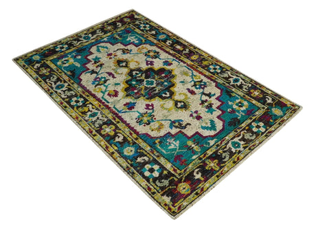 5x8 Hand Knotted Ivory, Teal Blue and Brown Antique Persian Style Bamboo Silk Area Rug