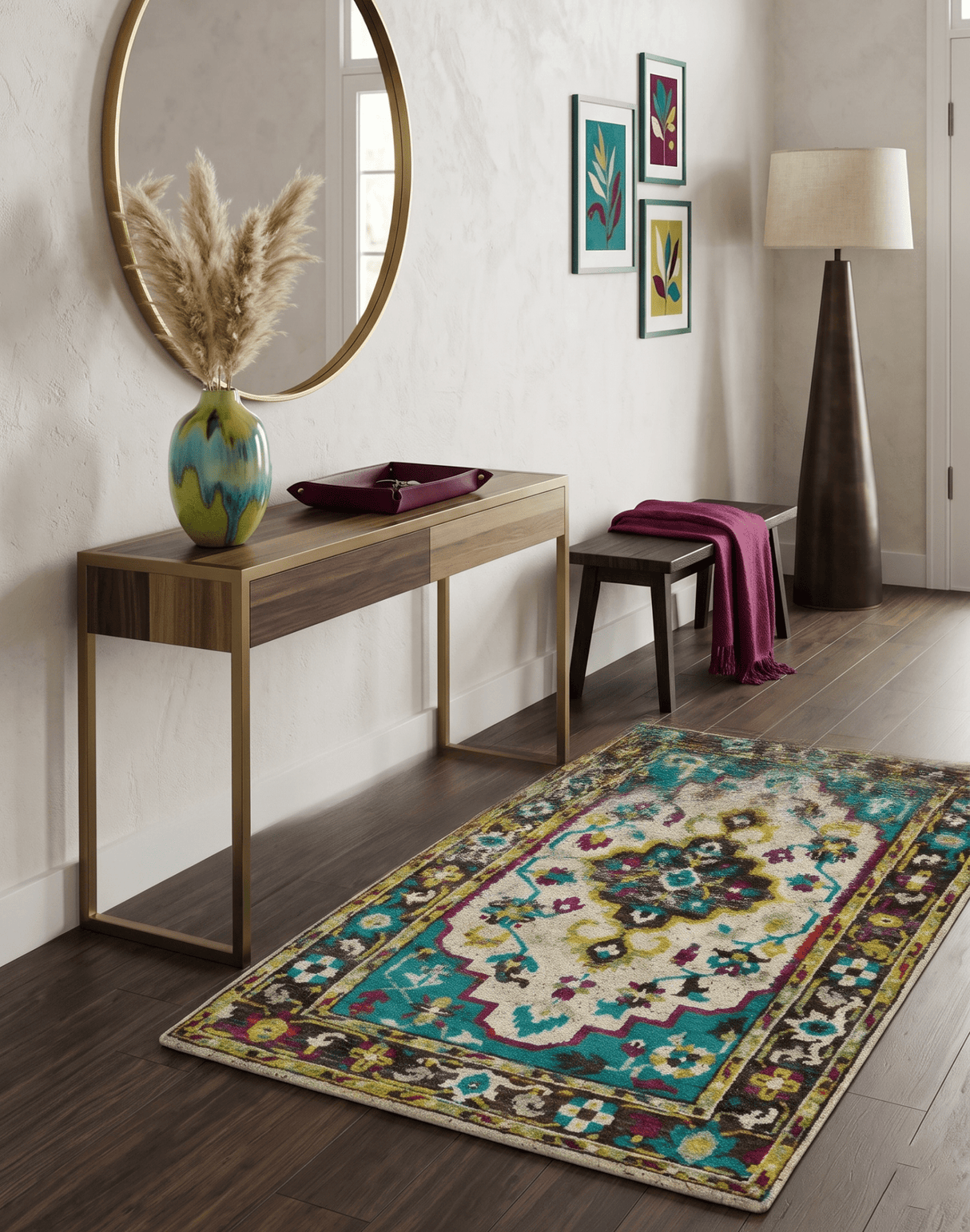 5x8 Hand Knotted Ivory, Teal Blue and Brown Antique Persian Style Bamboo Silk Area Rug