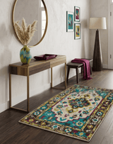 5x8 Hand Knotted Ivory, Teal Blue and Brown Antique Persian Style Bamboo Silk Area Rug